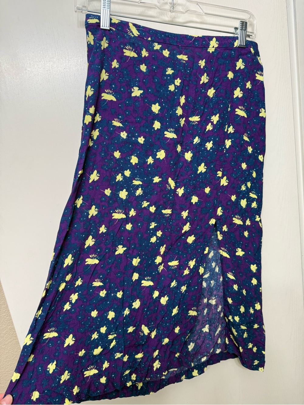 hinge Purple Floral Midi Skirt with Yellow Accents